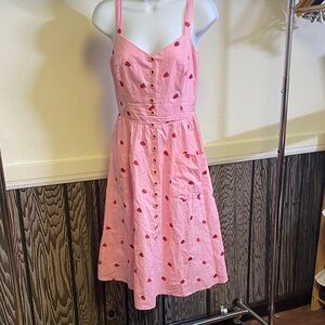 Collectif Pink Midi Dress with Red Strawberry Motif